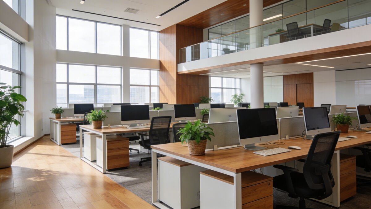 Open space professionnel avec bureaux et plantes - assurance multirisque locaux
