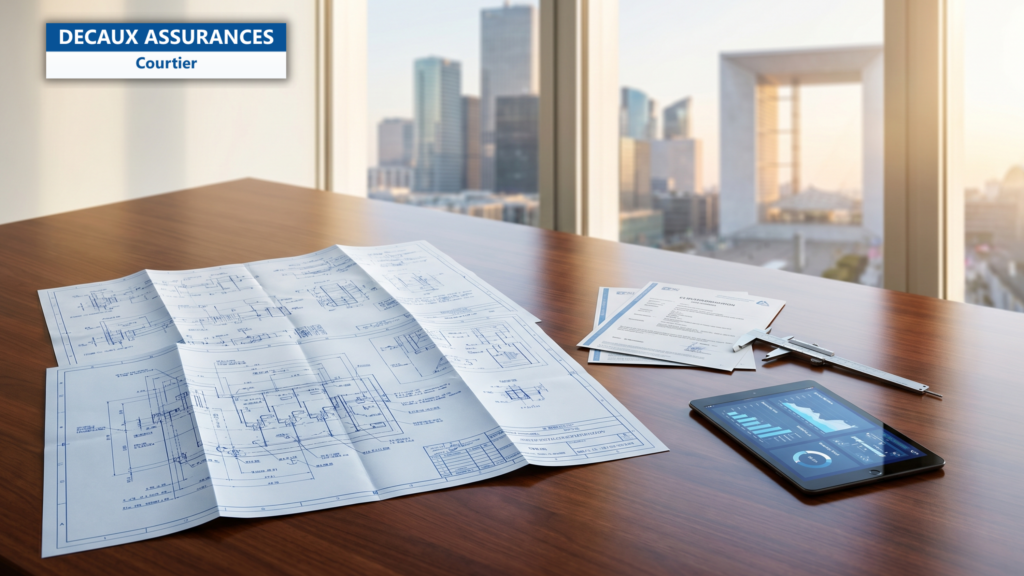 Plans techniques d'ingénierie côte à côte sur bureau moderne dans un bureau d'études parisien — illustration de la comparaison OPQIBI 0607 et OPQIBI 1717 pour l'assurance RC Pro des BET — Decaux Assurances Courtier en Assurance Neuilly-sur-Seine