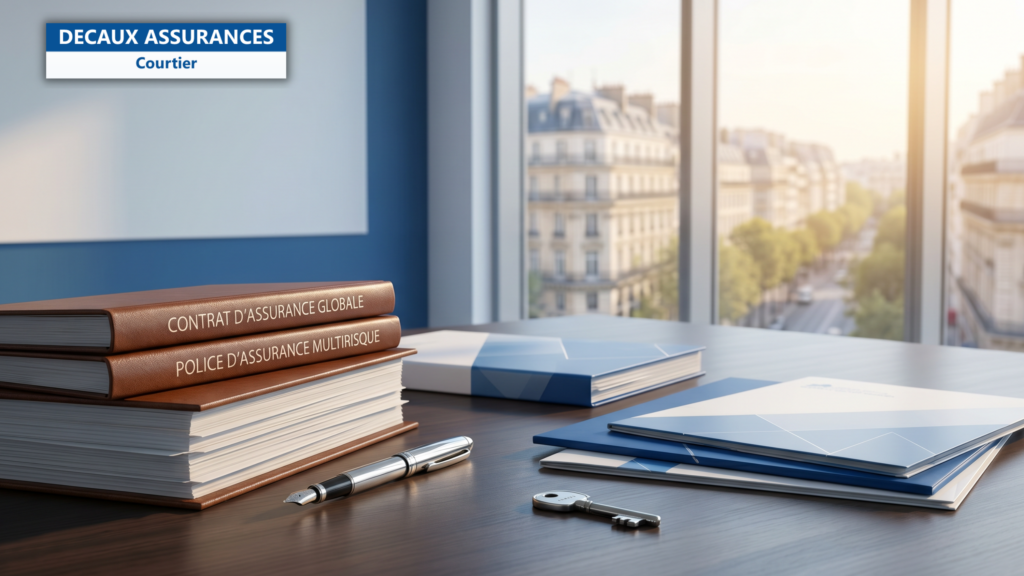Bureau professionnel parisien avec contrat d'assurance globale et police d'assurance multirisque, stylo plume et clé de sécurité sur dossiers bleus, vue Haussmannien — illustration de la MRP Multirisque Professionnelle pour TPE et PME — Decaux Assurances Courtier en Assurance Neuilly-sur-Seine