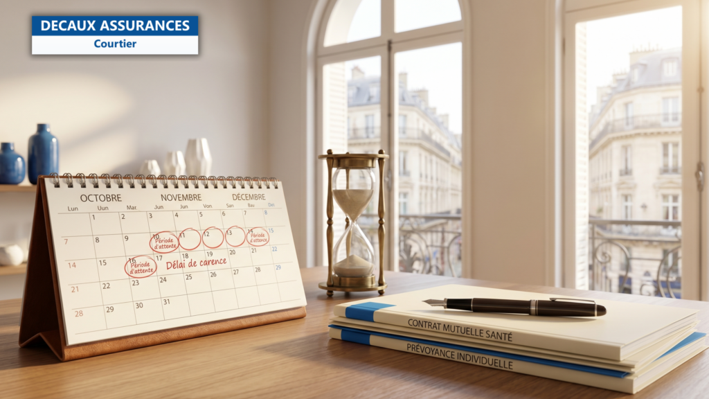 Calendrier OCTOBRE NOVEMBRE DECEMBRE avec périodes d'attente et délais de carence en rouge, sablier, livres CONTRAT MUTUELLE SANTÉ et PRÉVOYANCE INDIVIDUELLE — illustration de la prévoyance TNS et des périodes de carence — Decaux Assurances Courtier en Assurance Neuilly-sur-Seine