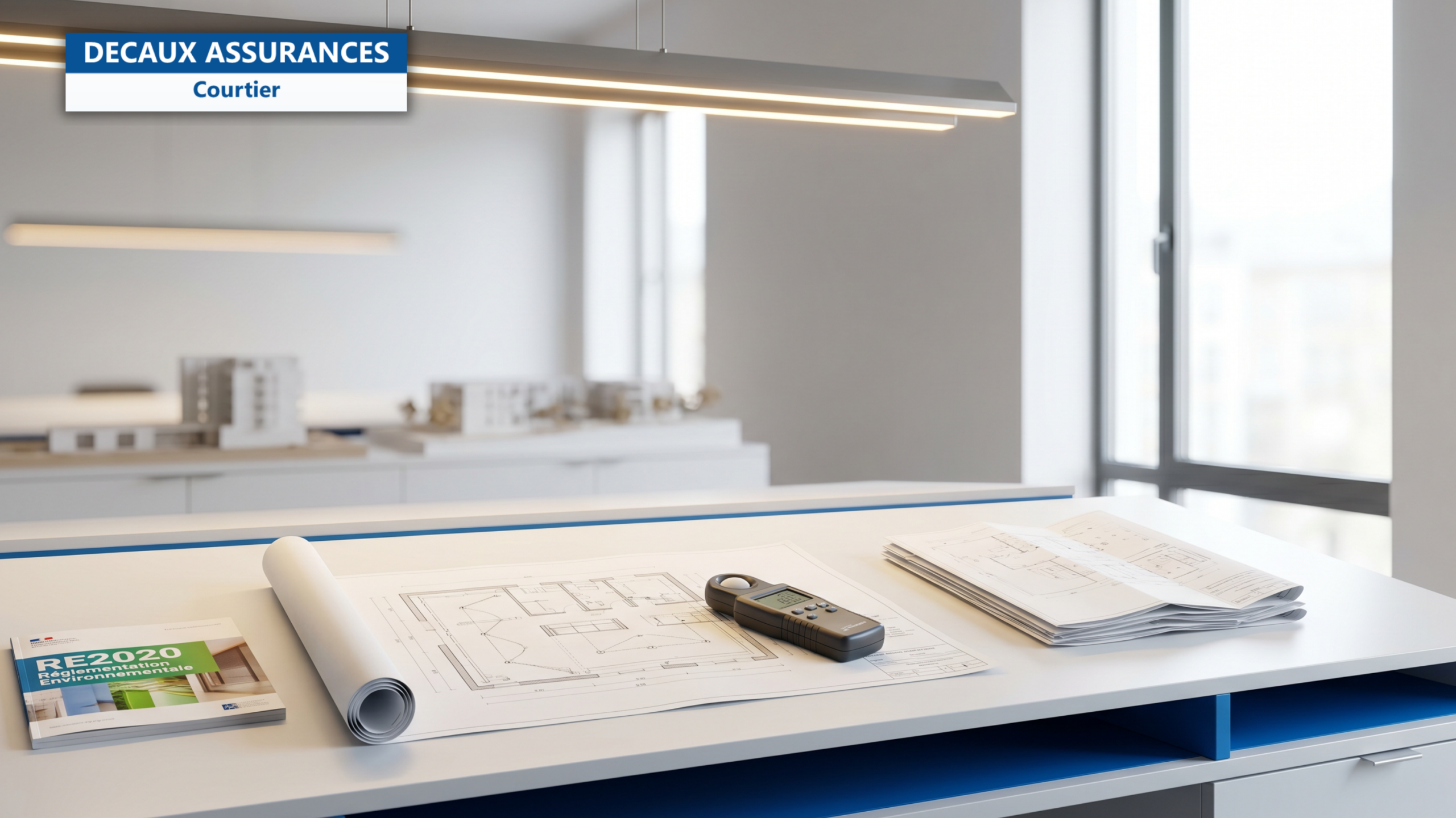 Bureau d'études architecture avec plafond LED éclairage intérieur, plan technique d'éclairage et luxmètre, livre RE2020 Réglementation Environnementale visible — illustration de la qualification OPQIBI 1407 éclairage intérieur pour BET sous RE2020 — Decaux Assurances Courtier en Assurance Neuilly-sur-Seine