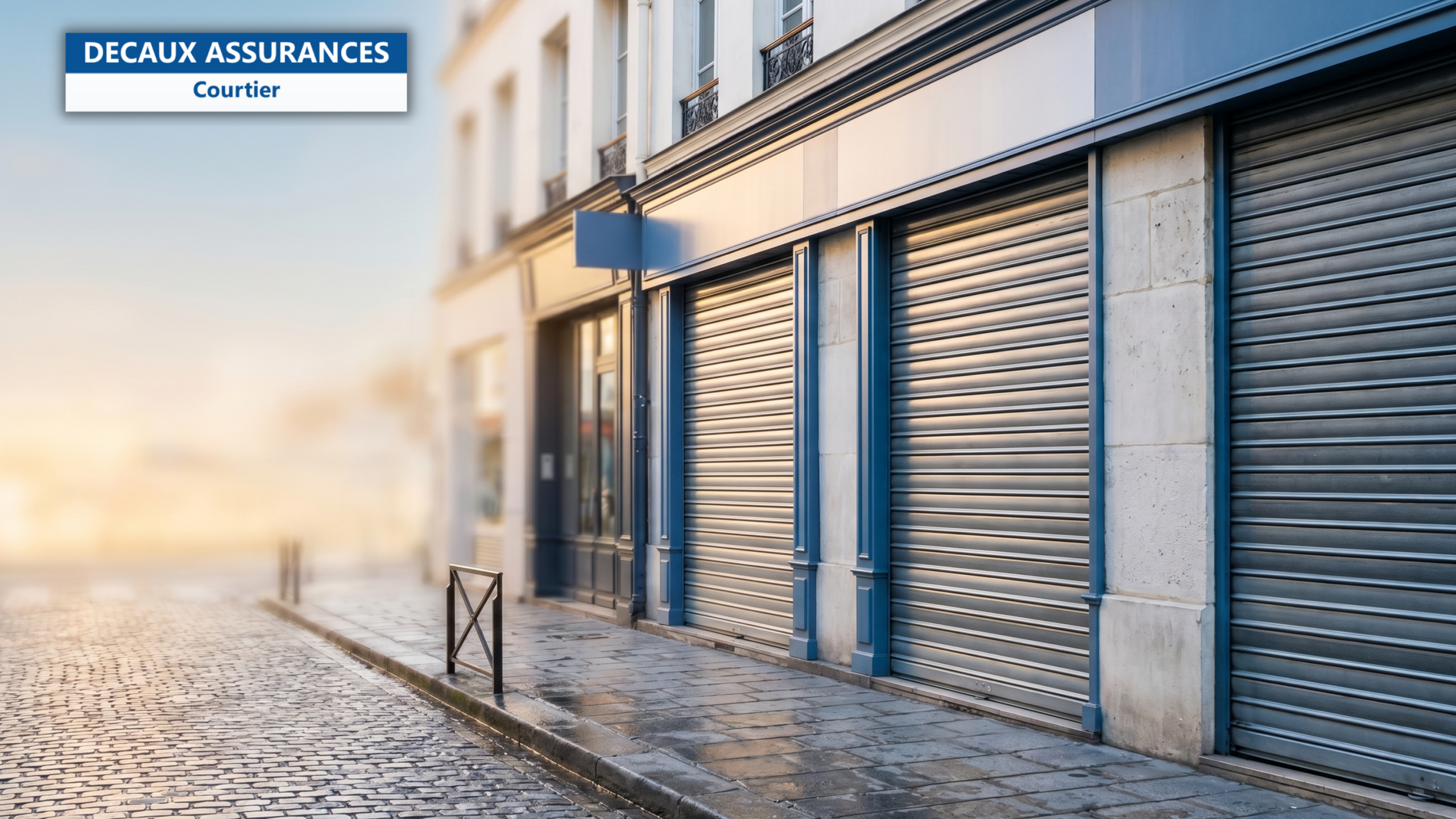Boutique parisienne fermée avec rideau métallique baissé sur rue pavée à l'heure dorée — illustration des pertes d'exploitation et du temps de survie d'une entreprise sans assurance — Decaux Assurances Courtier en Assurance Neuilly-sur-Seine