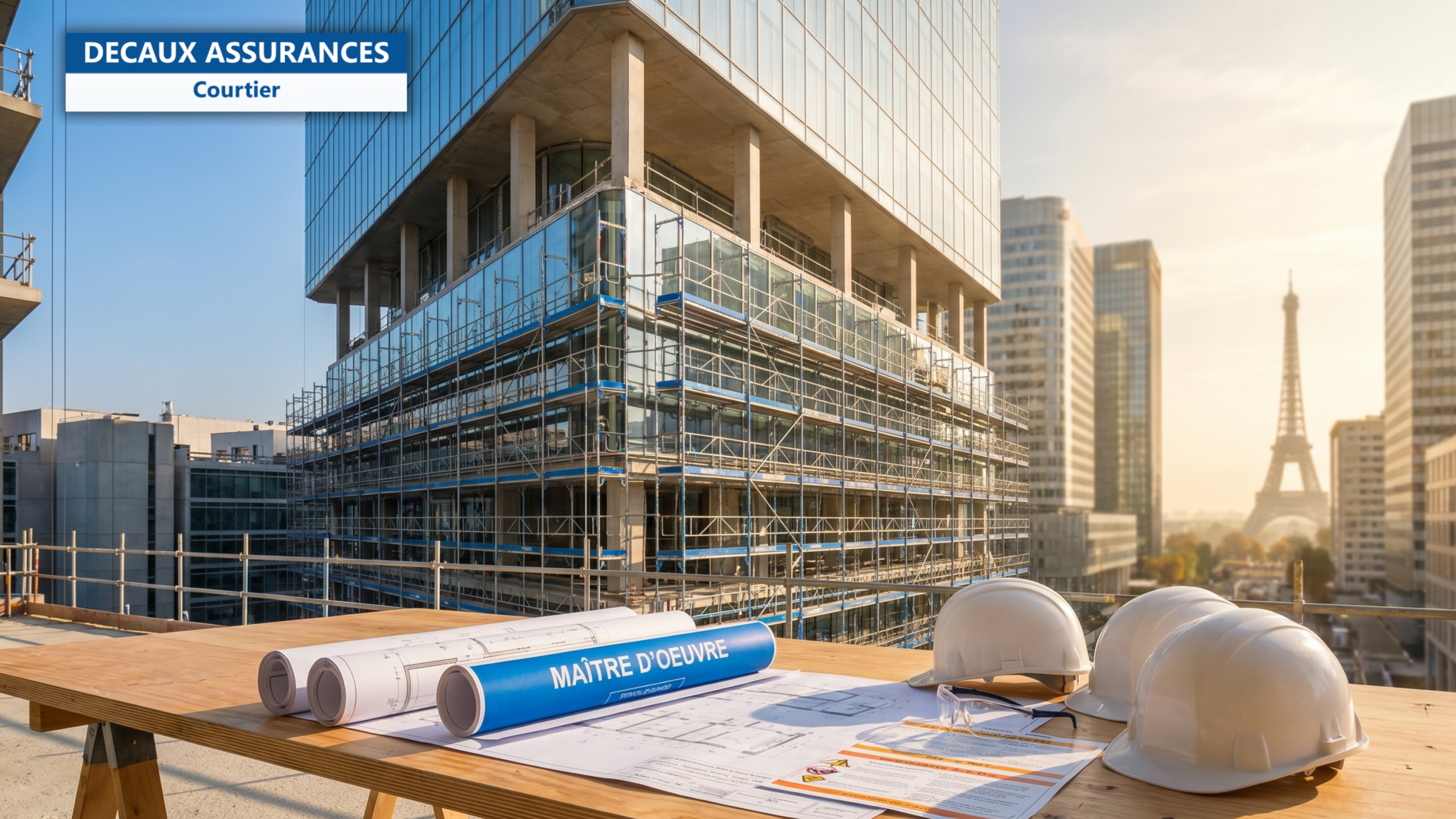 Bureau d'études architecture avec livre RE2020 Réglementation Thermique, tablette de graphes de performance énergétique, plans techniques et calculatrice — illustration de la RE2020 et l'évolution de la RC Pro des BET en 2026 — Decaux Assurances Courtier en Assurance Neuilly-sur-Seine
