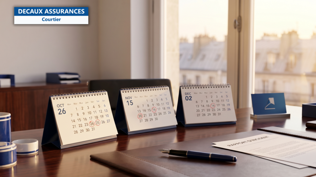 Bureau parisien avec trois calendriers de bureau octobre novembre decembre montrant des dates limites entourees en rouge — illustration des 3 delais de declaration sinistre a ne jamais depasser — Decaux Assurances Courtier en Assurance Neuilly-sur-Seine
