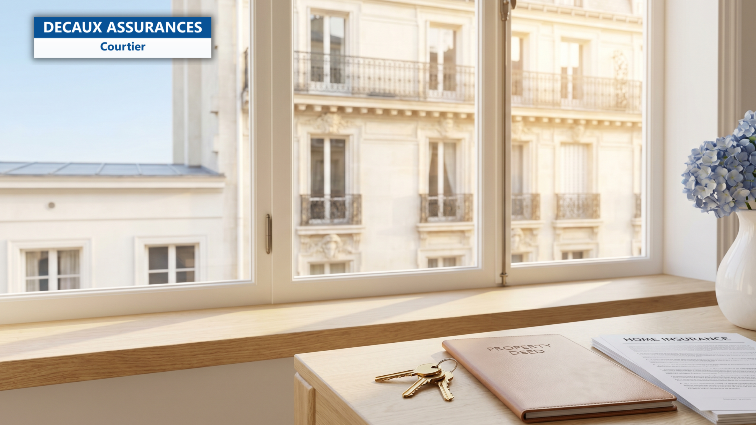 Vue d'un immeuble haussmannien parisien depuis une fenêtre lumineuse avec clés sur dossier titre de propriété et contrat d'assurance habitation, vase de fleurs bleues — illustration de la différence entre MRH et PNO pour propriétaire bailleur — Decaux Assurances Courtier en Assurance Neuilly-sur-Seine