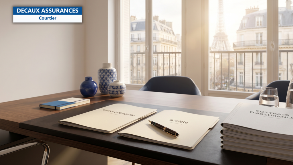 Bureau de salle de réunion avec dossier en cuir cession entreprise, clé en laiton et stylo plume sur contrat de transfert — illustration de la transmission d'entreprise et des assurances pour sécuriser la cession — Decaux Assurances Courtier en Assurance Neuilly-sur-Seine