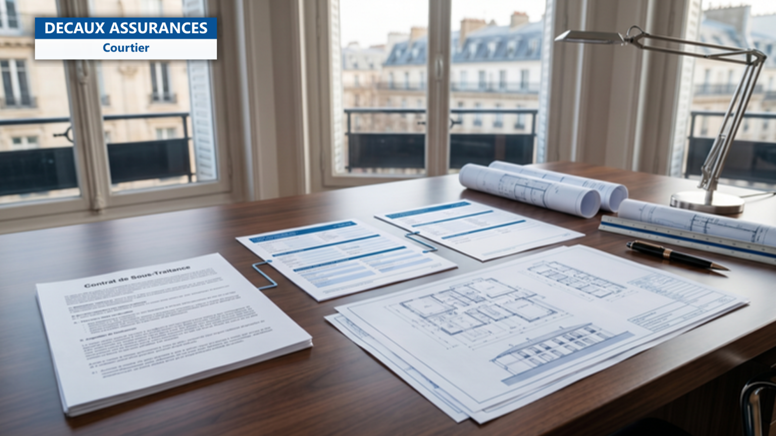 Bureau d'etudes francais avec un contrat de sous-traitance, une chaine de trois feuilles symbolisant la chaine de responsabilite, des plans techniques de batiment, composition corporate bleu et blanc — illustration de BET sous-traitance responsabilite — Decaux Assurances Courtier en Assurance Neuilly-sur-Seine