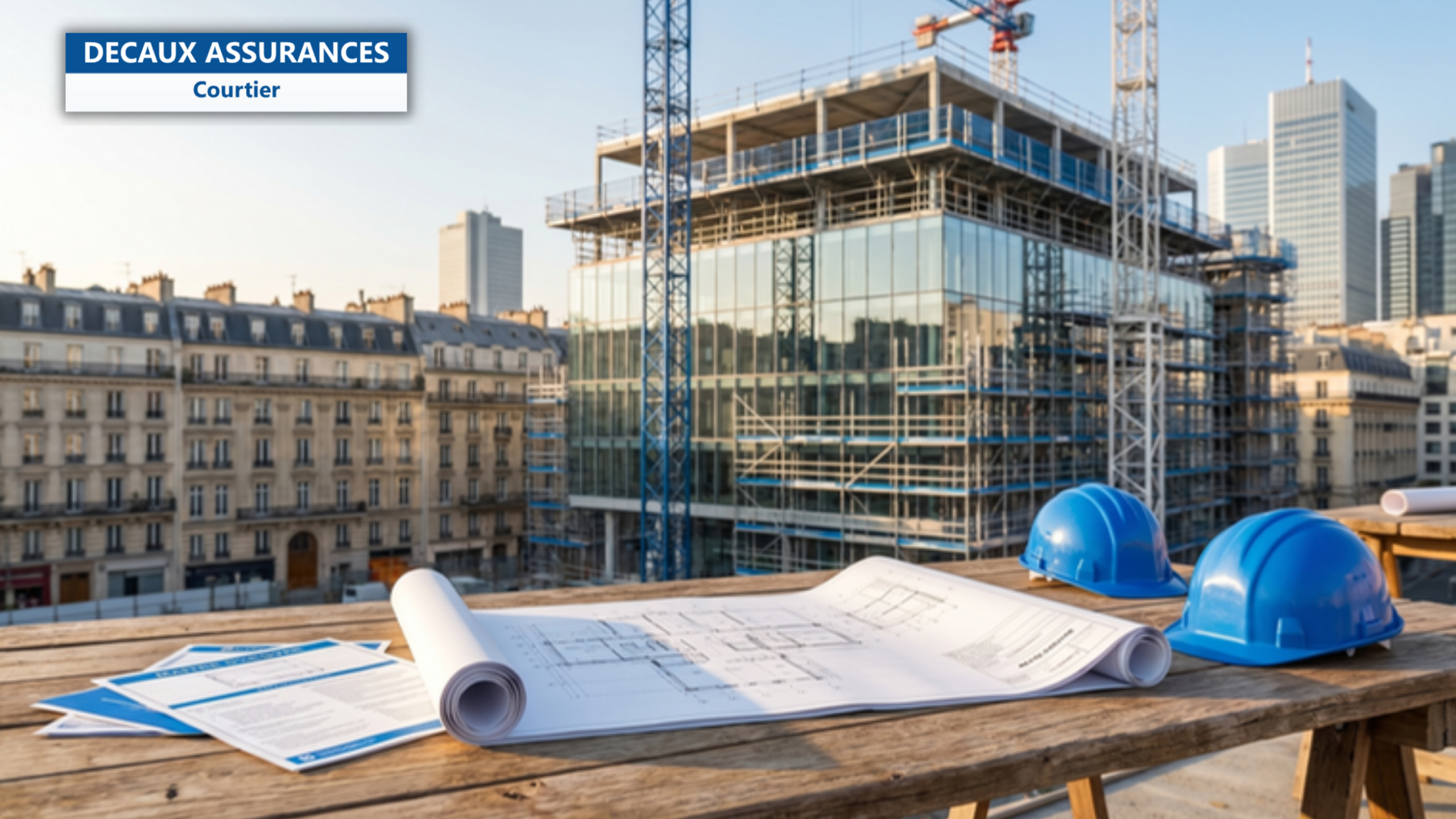 Chantier de construction francais avec echafaudages autour d'un batiment de bureaux, plans architecturaux de maitre d'oeuvre, casques de chantier et documents de securite bleu et blanc — illustration de RC Decennale BET maitres d'oeuvre — Decaux Assurances Courtier en Assurance Neuilly-sur-Seine