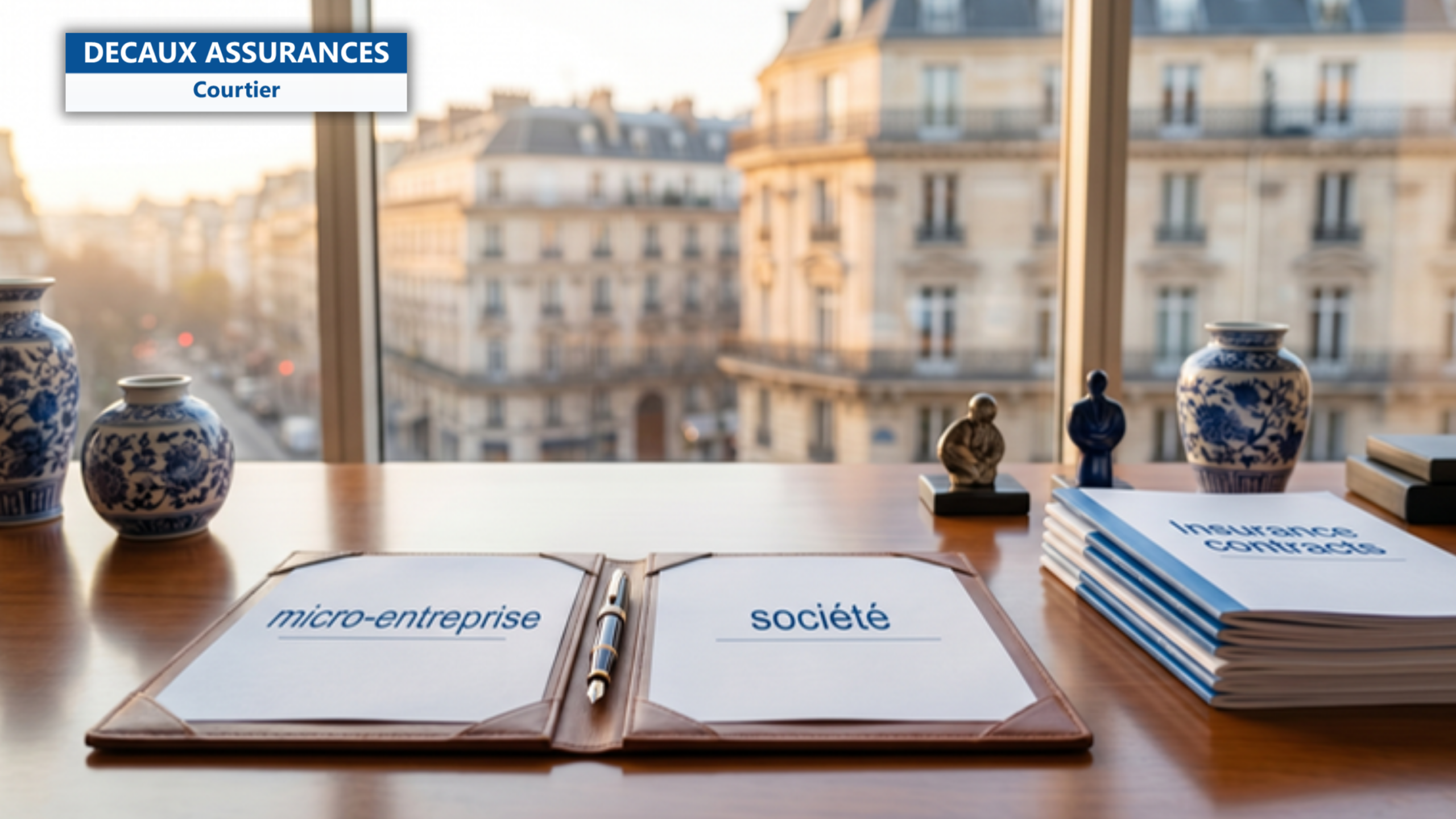Bureau professionnel francais avec deux dossiers de statut juridique etiquetes micro-entreprise et societe, un stylo plume entre les deux et une pile de contrats d'assurance bleu et blanc — illustration de auto-entrepreneur societe assurance — Decaux Assurances Courtier en Assurance Neuilly-sur-Seine