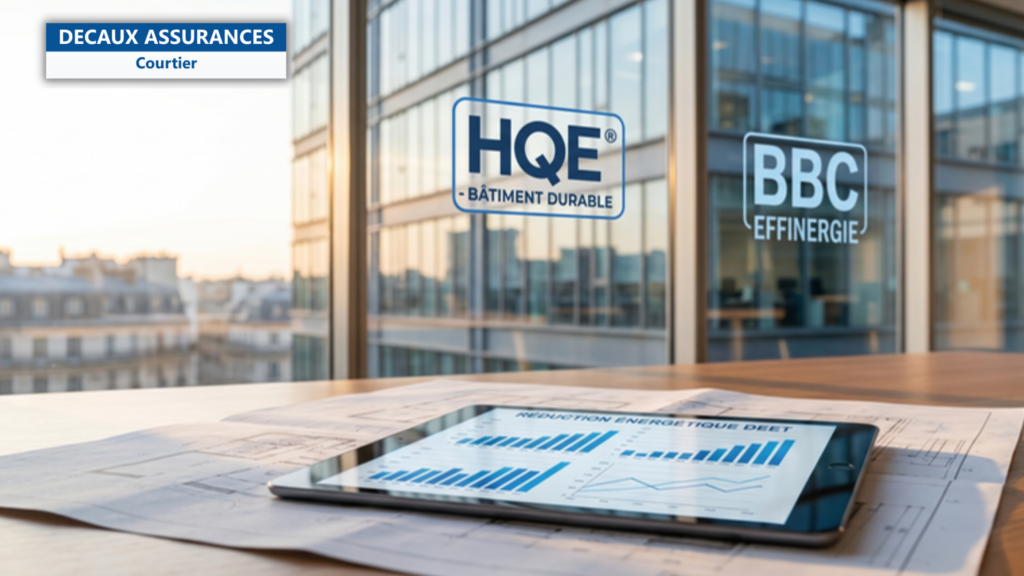 Facade d'immeuble de bureaux francais avec labels HQE et BBC effiNergie de certification energetique, tablette avec graphiques de reduction energetique DEET sur des plans architecturaux — illustration de decret tertiaire DEET BET auditeurs — Decaux Assurances Courtier en Assurance Neuilly-sur-Seine