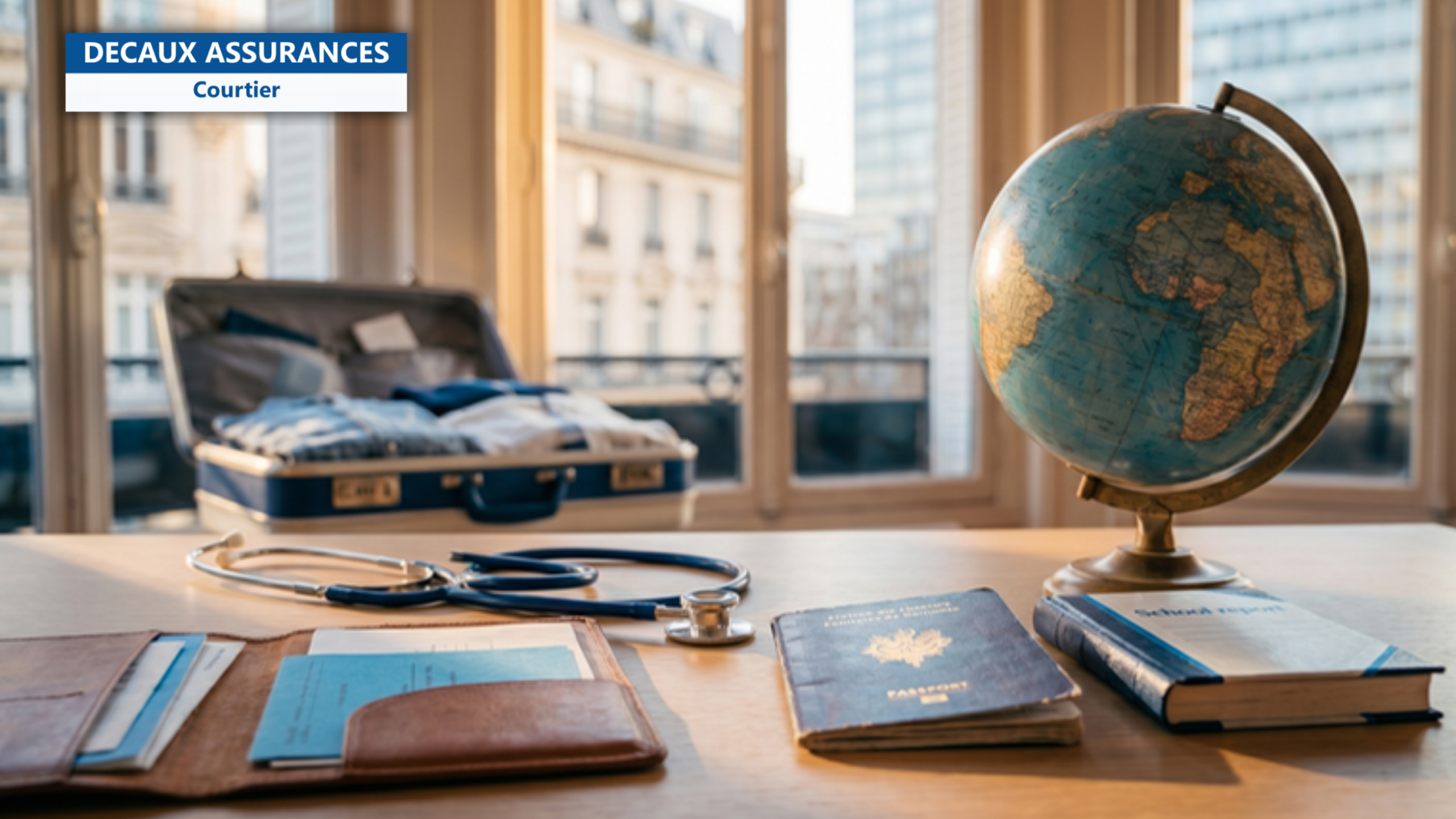 Globe vintage, passeport francais, livret scolaire, stethoscope et porte-documents en cuir sur un bureau en bois, valise visible en arriere-plan flou — illustration d'expatriation famille sante scolaire RC anticiper avant depart — Decaux Assurances Courtier en Assurance Neuilly-sur-Seine
