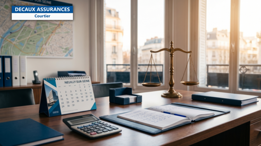 Bureau de courtier en assurance a Neuilly-sur-Seine avec balance de la justice en laiton, calendrier architectural, calculatrice, carnet ouvert, carte de Neuilly visible en arriere-plan flou — illustration de courtier assurance Neuilly proximite — Decaux Assurances Courtier en Assurance Neuilly-sur-Seine