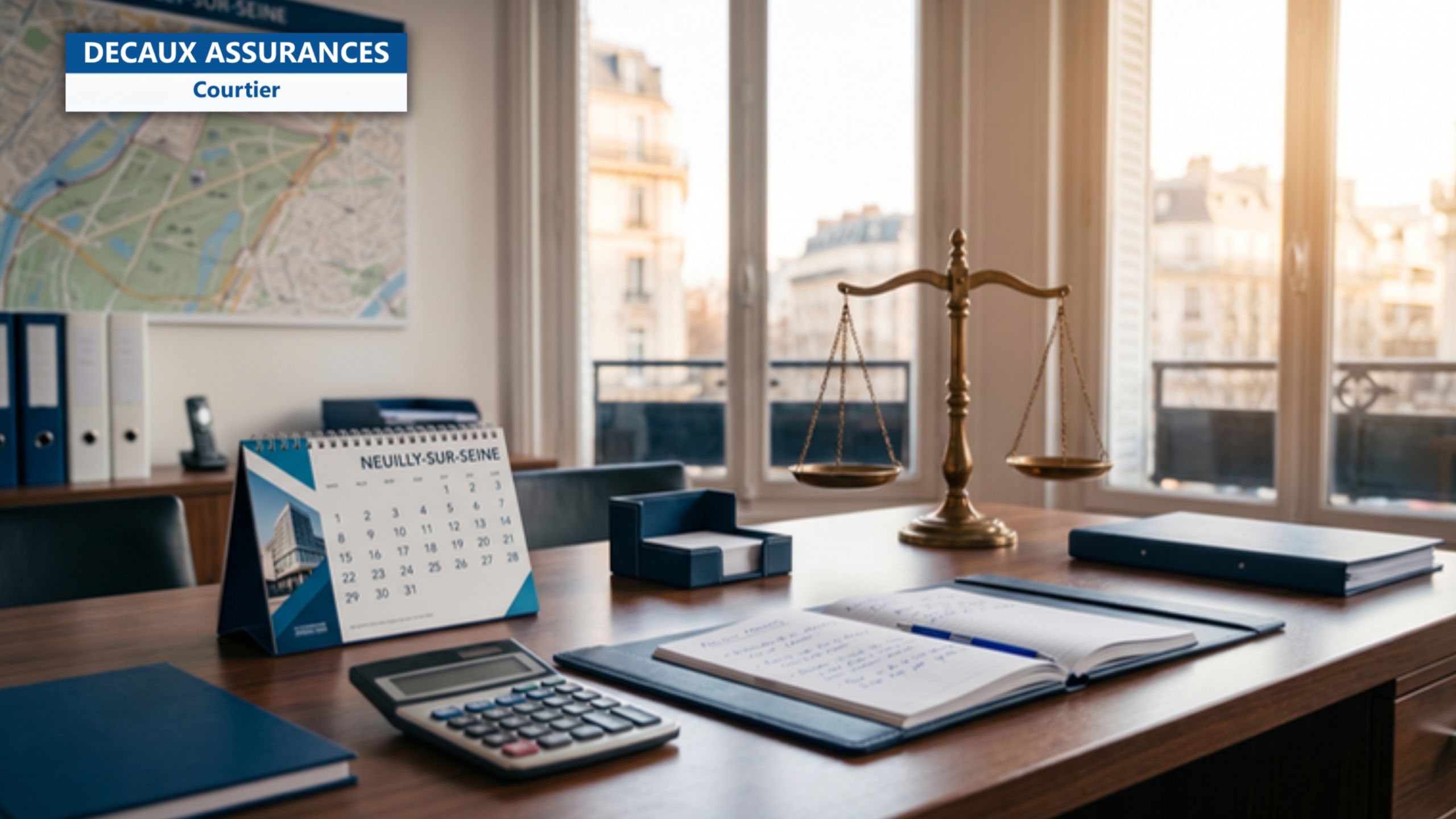 Bureau de courtier en assurance a Neuilly-sur-Seine avec balance de la justice en laiton, calendrier architectural, calculatrice, carnet ouvert, carte de Neuilly visible en arriere-plan flou — illustration de courtier assurance Neuilly proximite — Decaux Assurances Courtier en Assurance Neuilly-sur-Seine
