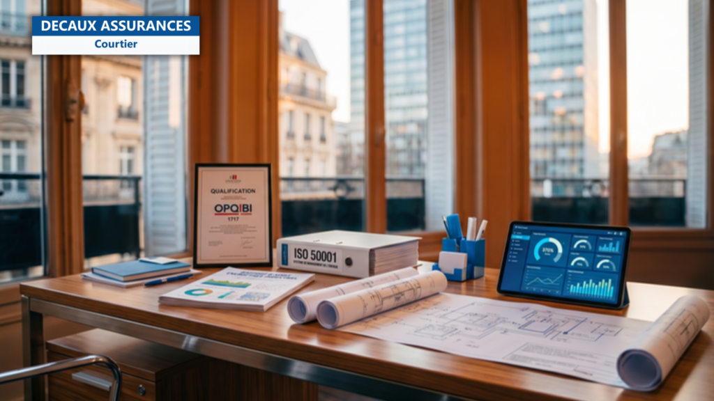 Bureau d'etudes francais moderne avec rapport d'audit energetique industriel, document de qualification OPQIBI 1717, classeur ISO 50001, plans industriels et tablette avec dashboard d'efficacite energetique — illustration de OPQIBI 1717 ISO 50001 BET industriel — Decaux Assurances Courtier en Assurance Neuilly-sur-Seine