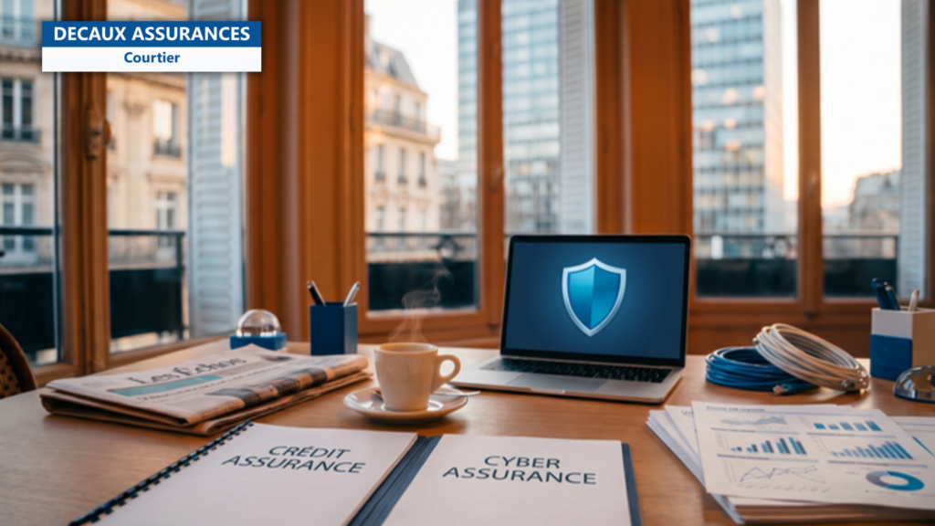 Bureau professionnel francais avec deux dossiers etiquetes assurance-credit et assurance cyber, ordinateur portable avec icone bouclier de securite, rapports financiers — illustration d'assurance-credit cyber duo PME en ligne — Decaux Assurances Courtier en Assurance Neuilly-sur-Seine