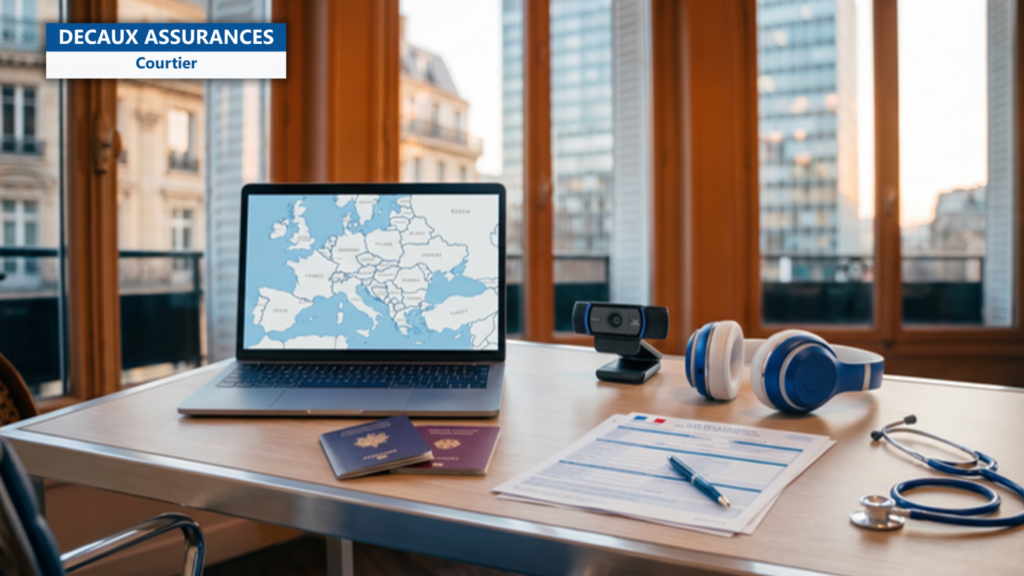 Bureau a domicile francais avec ordinateur portable affichant une carte des frontieres europeennes, deux passeports, casque pour visioconference, formulaire fiscal et stethoscope — illustration de frontaliers teletravailleurs assurance pays — Decaux Assurances Courtier en Assurance Neuilly-sur-Seine