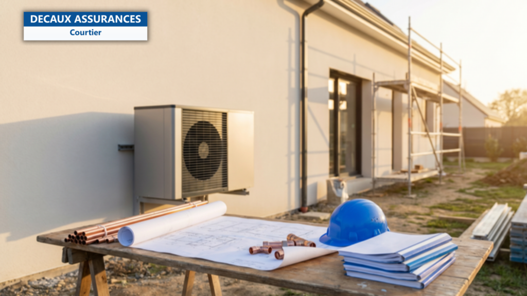 Chantier de renovation residentielle francaise avec pompe a chaleur installee contre un mur de maison, plans techniques d'installation, tuyaux en cuivre, casque de chantier bleu — illustration de pompe a chaleur PAC RC Decennale artisan installateur — Decaux Assurances Courtier en Assurance Neuilly-sur-Seine