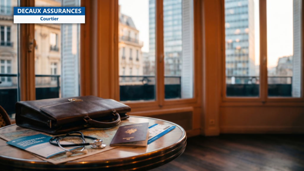 Bureau voyage d'affaires francais avec mallette en cuir, passeport, billet d'avion, stethoscope et brochure d'assurance medicale internationale sur carte du monde — illustration de deplacements professionnels etranger mutuelle limites — Decaux Assurances Courtier en Assurance Neuilly-sur-Seine