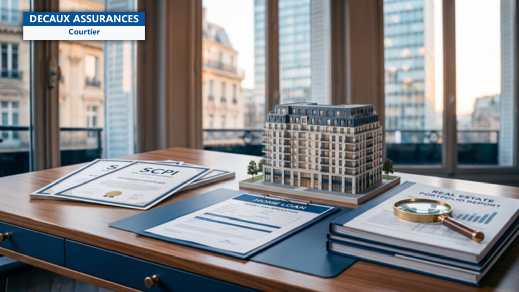 Bureau d'investissement francais avec certificats SCPI, maquette d'immeuble residentiel, dossier de pret immobilier et loupe sur rapports de portefeuille — illustration d'assurance emprunteur SCPI immobilier indirect — Decaux Assurances Courtier en Assurance Neuilly-sur-Seine