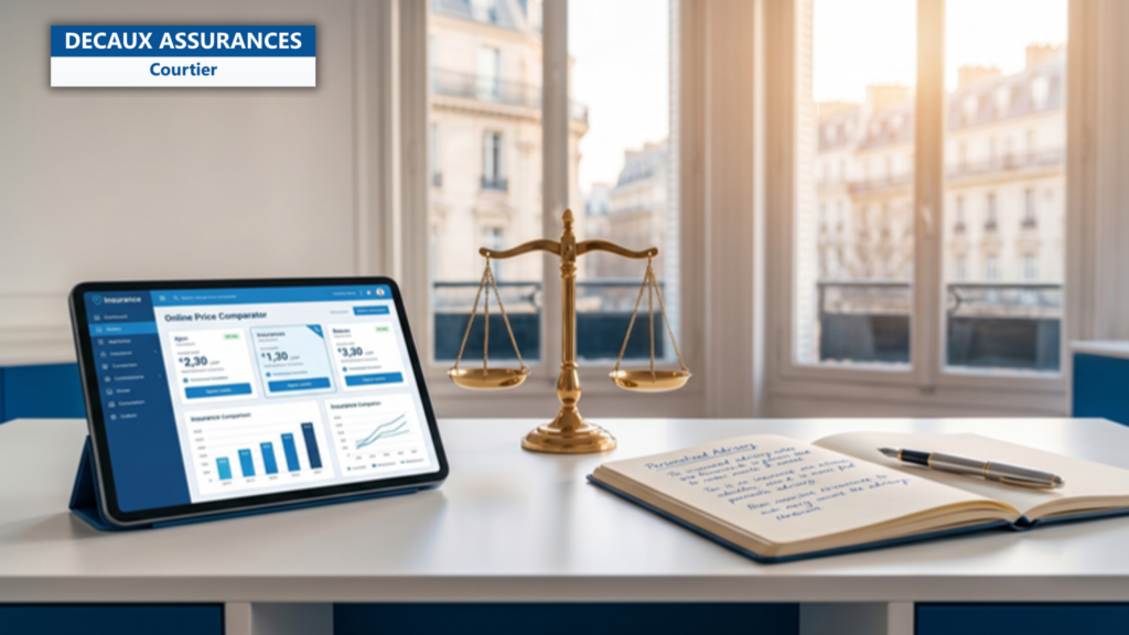 Bureau de consultation francais split numerique vs traditionnel : tablette comparateur en ligne d'un cote, carnet conseil personnalise stylo plume de l'autre, balance en laiton au centre — illustration de comparateurs en ligne courtier differences limites — Decaux Assurances Courtier en Assurance Neuilly-sur-Seine