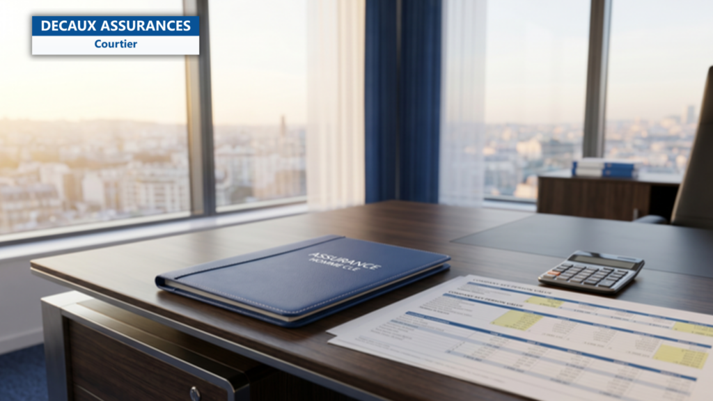 Bureau direction francais avec porte-documents en cuir, rapports financiers de valorisation, calculatrice — illustration d'assurance homme cle calcul montant entreprise — Decaux Assurances Courtier en Assurance Neuilly-sur-Seine
