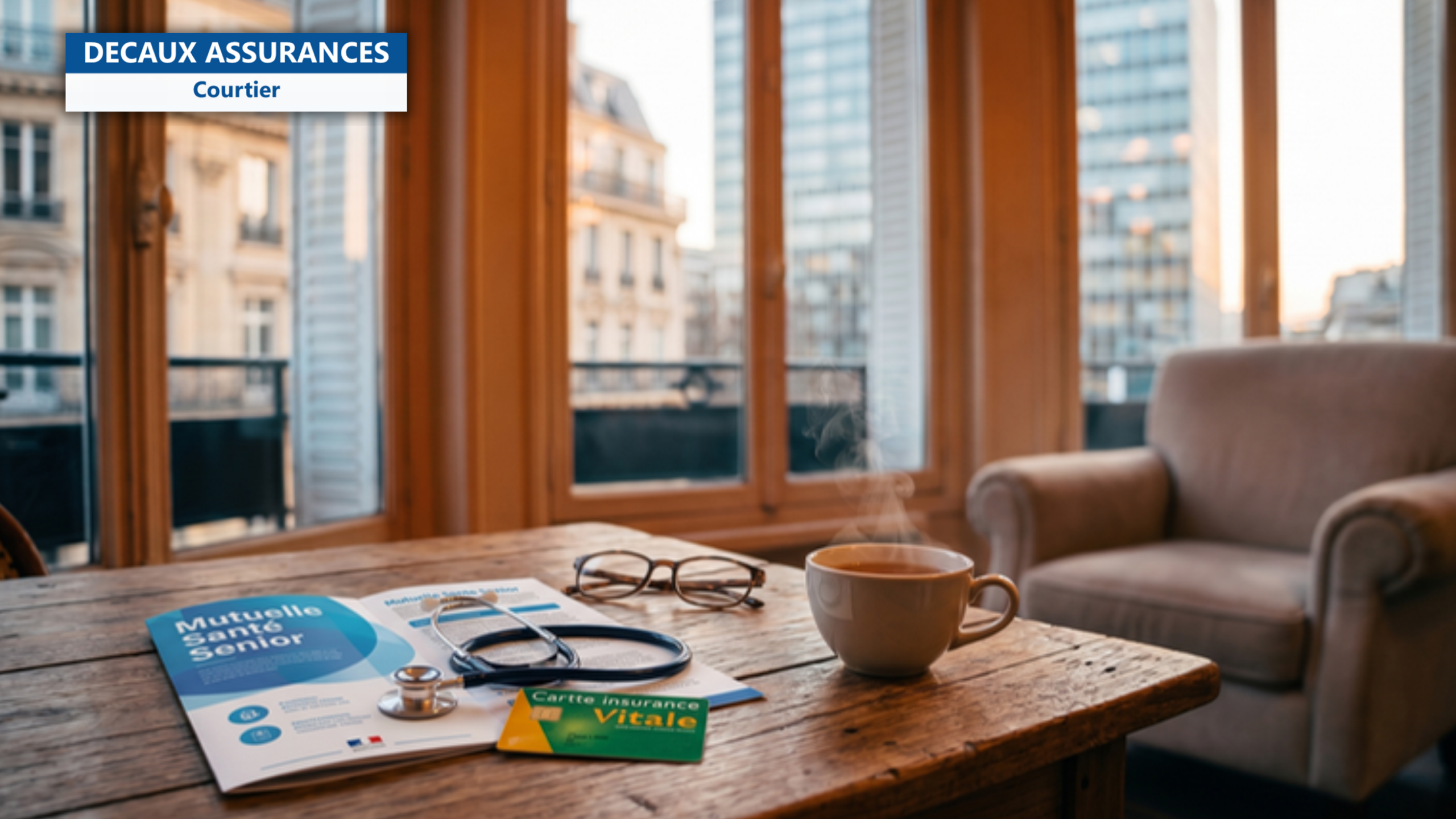 Interieur maison francaise avec brochure mutuelle senior, stethoscope, carte vitale, lunettes et tasse de the — illustration de mutuelle senior complementaire sante 60 ans — Decaux Assurances Courtier en Assurance Neuilly-sur-Seine