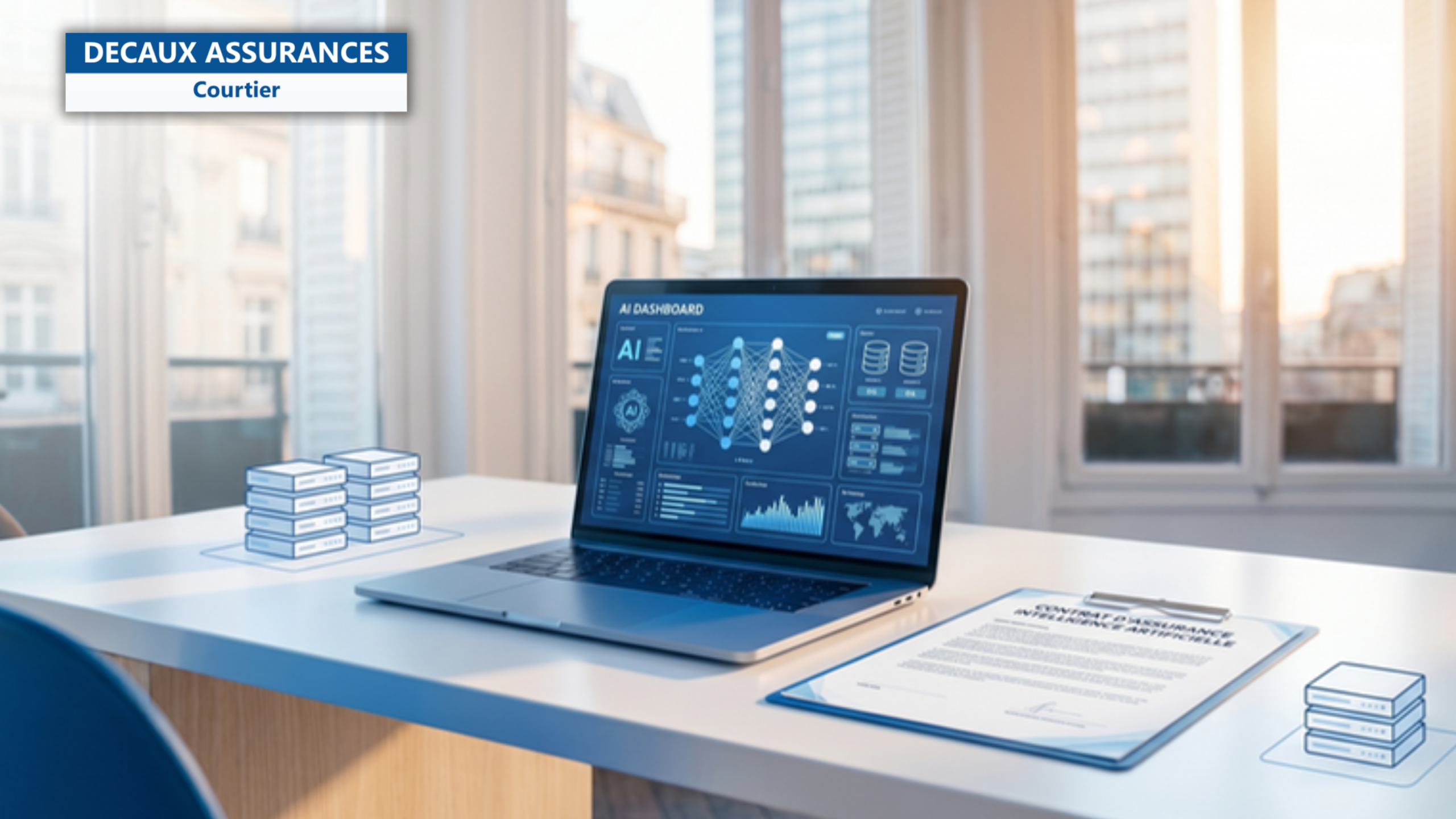 Bureau tech francais avec laptop dashboard IA reseau de neurones, contrat assurance IA, icones serveurs — illustration d'assurance IA intelligence artificielle souscription 2026 — Decaux Assurances Courtier en Assurance Neuilly-sur-Seine