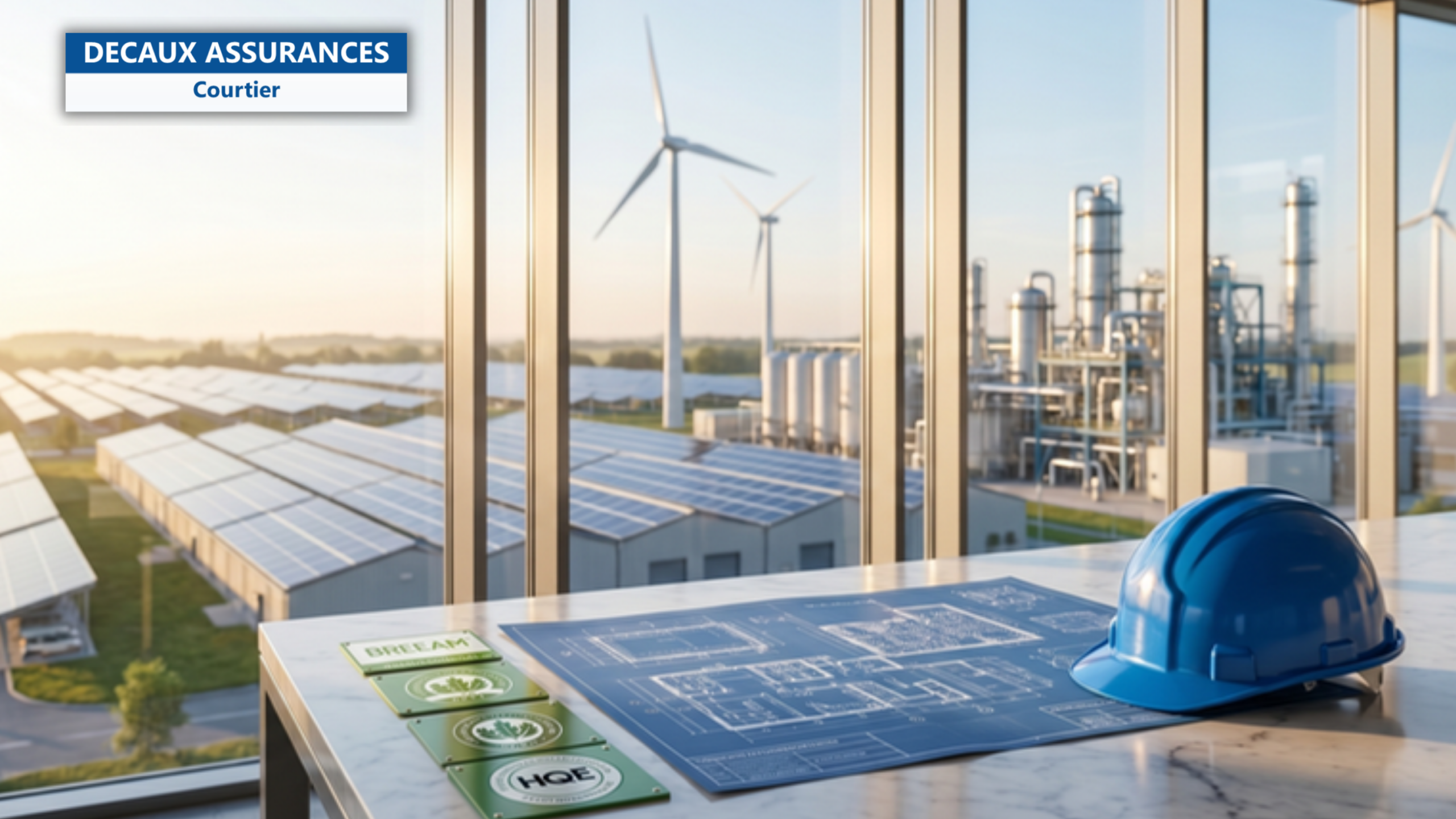 Site industriel francais avec infrastructure d'energie verte, plans techniques environnementaux, certifications batiment vert, casque de chantier bleu — illustration de loi industrie verte BET obligations assurance — Decaux Assurances Courtier en Assurance Neuilly-sur-Seine