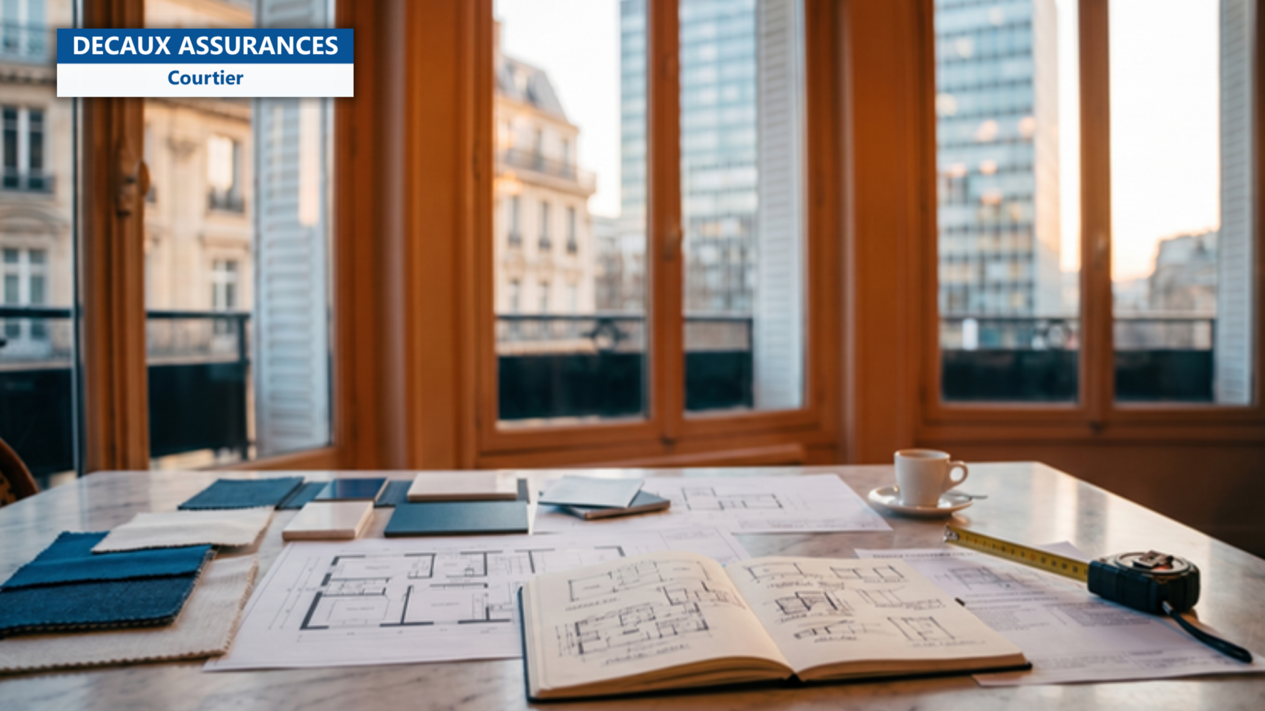 Bureau d'architecte d'interieur francais avec plans gros oeuvre, echantillons materiaux, carnet de croquis, specifications techniques, metre — illustration d'architecte d'interieur RC Decennale gros oeuvre — Decaux Assurances Courtier en Assurance Neuilly-sur-Seine
