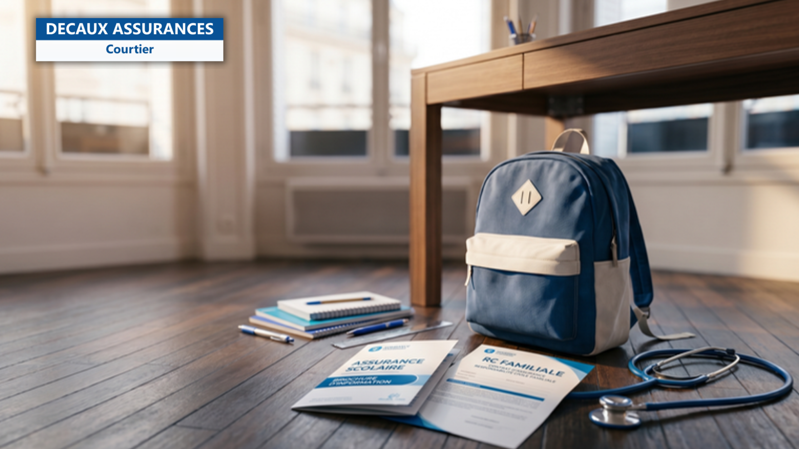 Maison francaise avec sac a dos d'ecolier, fournitures scolaires, brochure assurance scolaire, contrat RC familiale, stethoscope — illustration d'assurance scolaire RC famille utile doublon — Decaux Assurances Courtier en Assurance Neuilly-sur-Seine