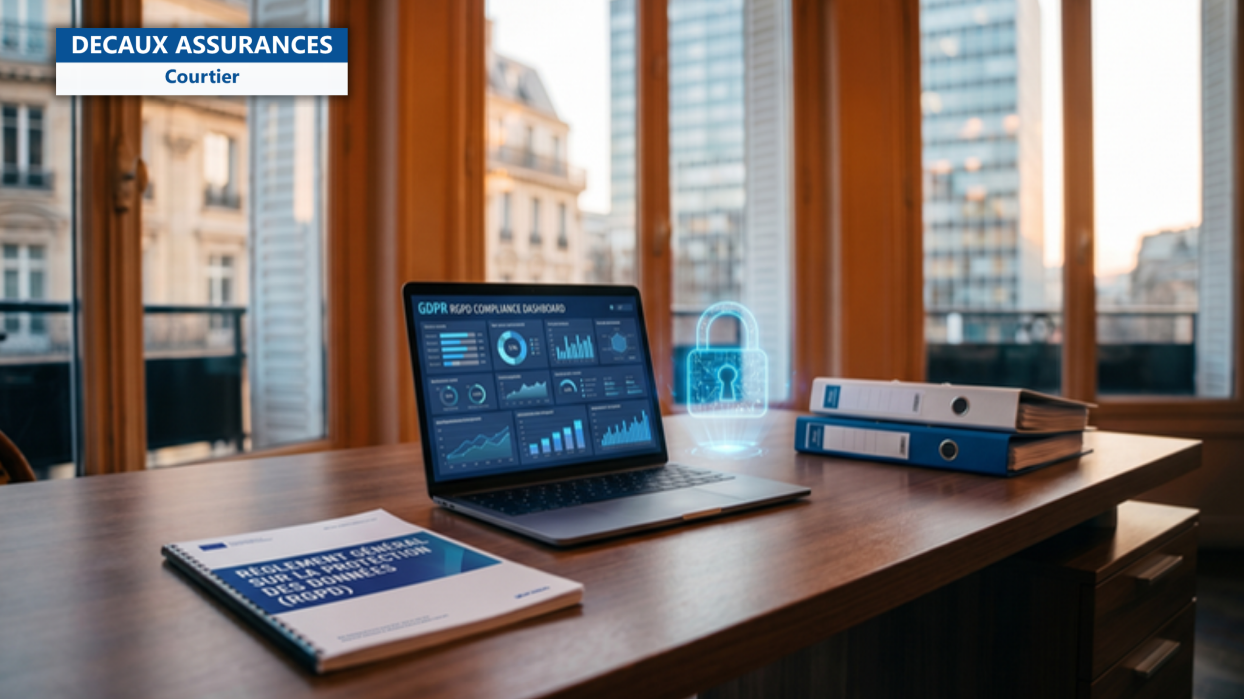 Bureau de protection des donnees francais avec laptop dashboard RGPD, document reglementation, icone cadenas confidentialite, dossiers securises — illustration de RGPD assurance donnees personnelles — Decaux Assurances Courtier en Assurance Neuilly-sur-Seine