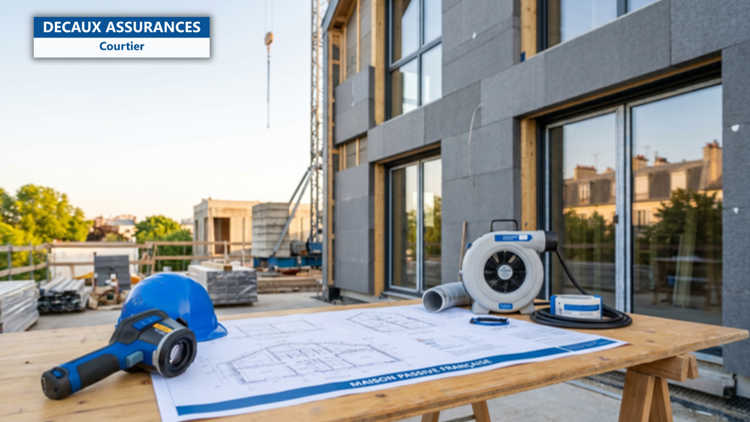Chantier batiment passif francais avec panneaux d'isolation haute performance, plans techniques d'enveloppe thermique, camera thermique, equipement test etancheite a l'air, casque bleu — illustration de batiment passif BET risques techniques — Decaux Assurances Courtier en Assurance Neuilly-sur-Seine