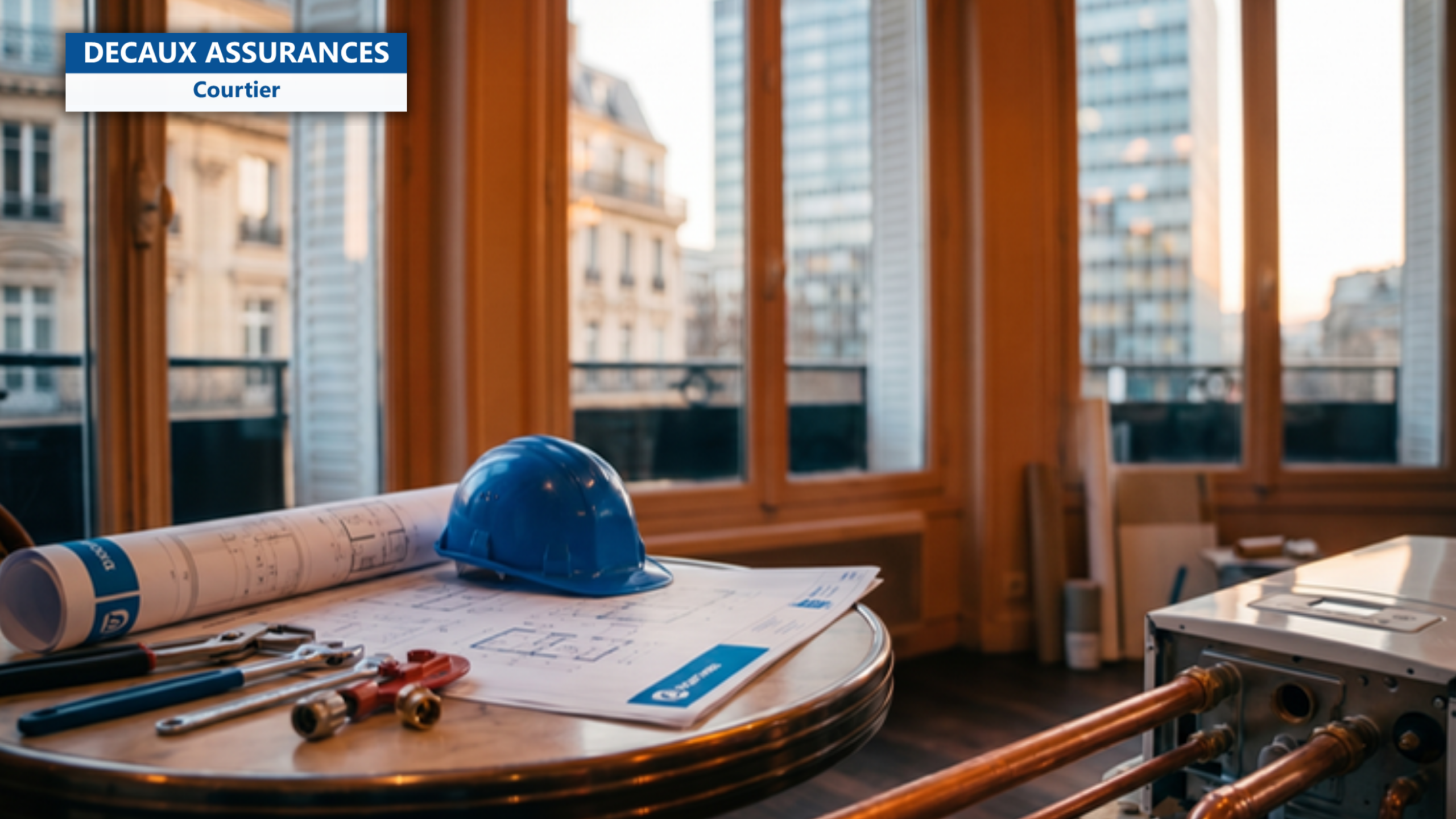Chantier plomberie chauffage francais avec tuyaux cuivre, chaudiere, plans techniques, outils, casque bleu — illustration de plombier-chauffagiste RC Decennale garanties — Decaux Assurances Courtier en Assurance Neuilly-sur-Seine