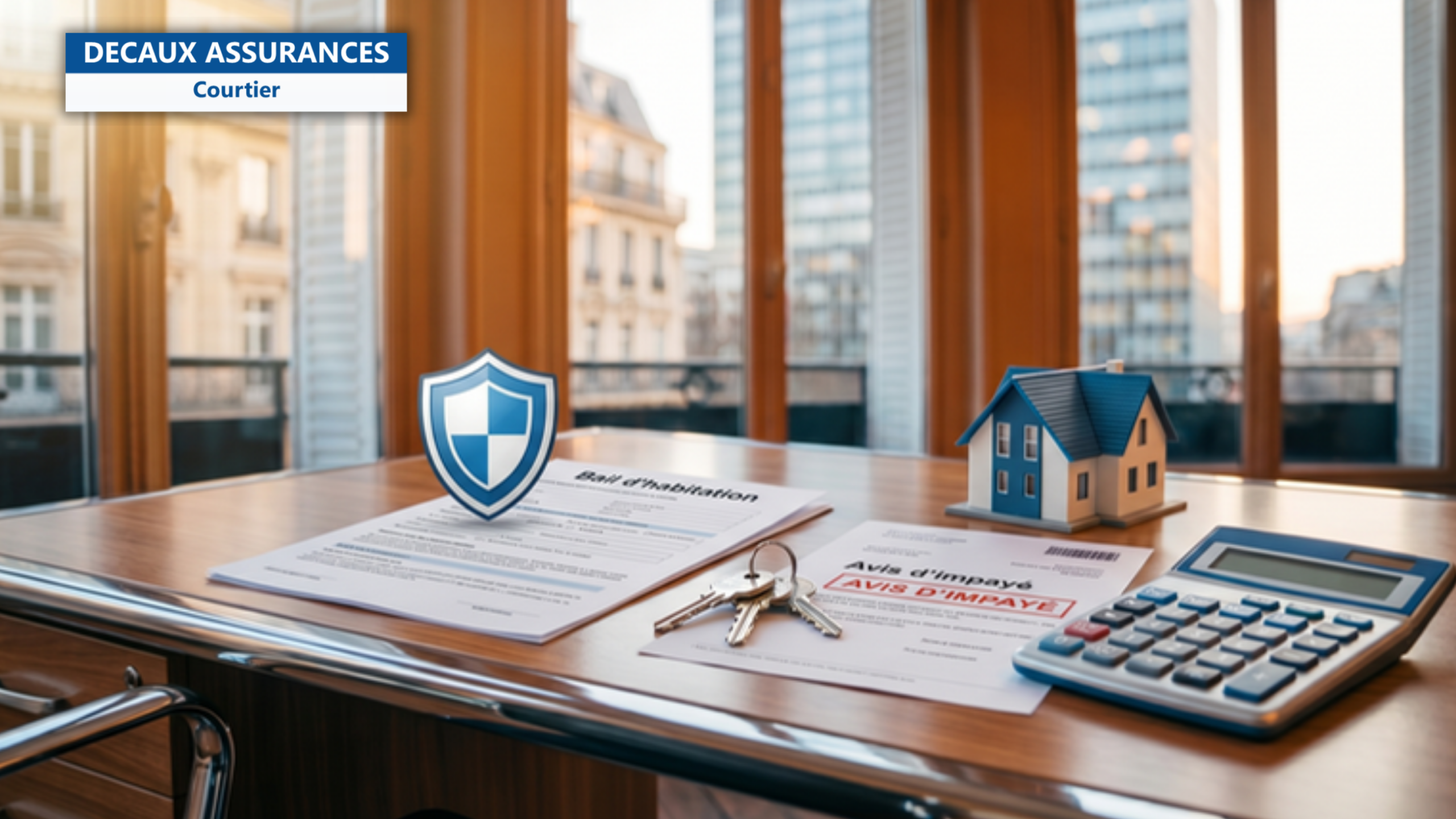 Bureau bailleur francais avec contrat de bail, jeu de cles, avis loyer impaye, calculatrice, icone bouclier, modele de maison — illustration de GLI garantie loyers impayes bailleur — Decaux Assurances Courtier en Assurance Neuilly-sur-Seine