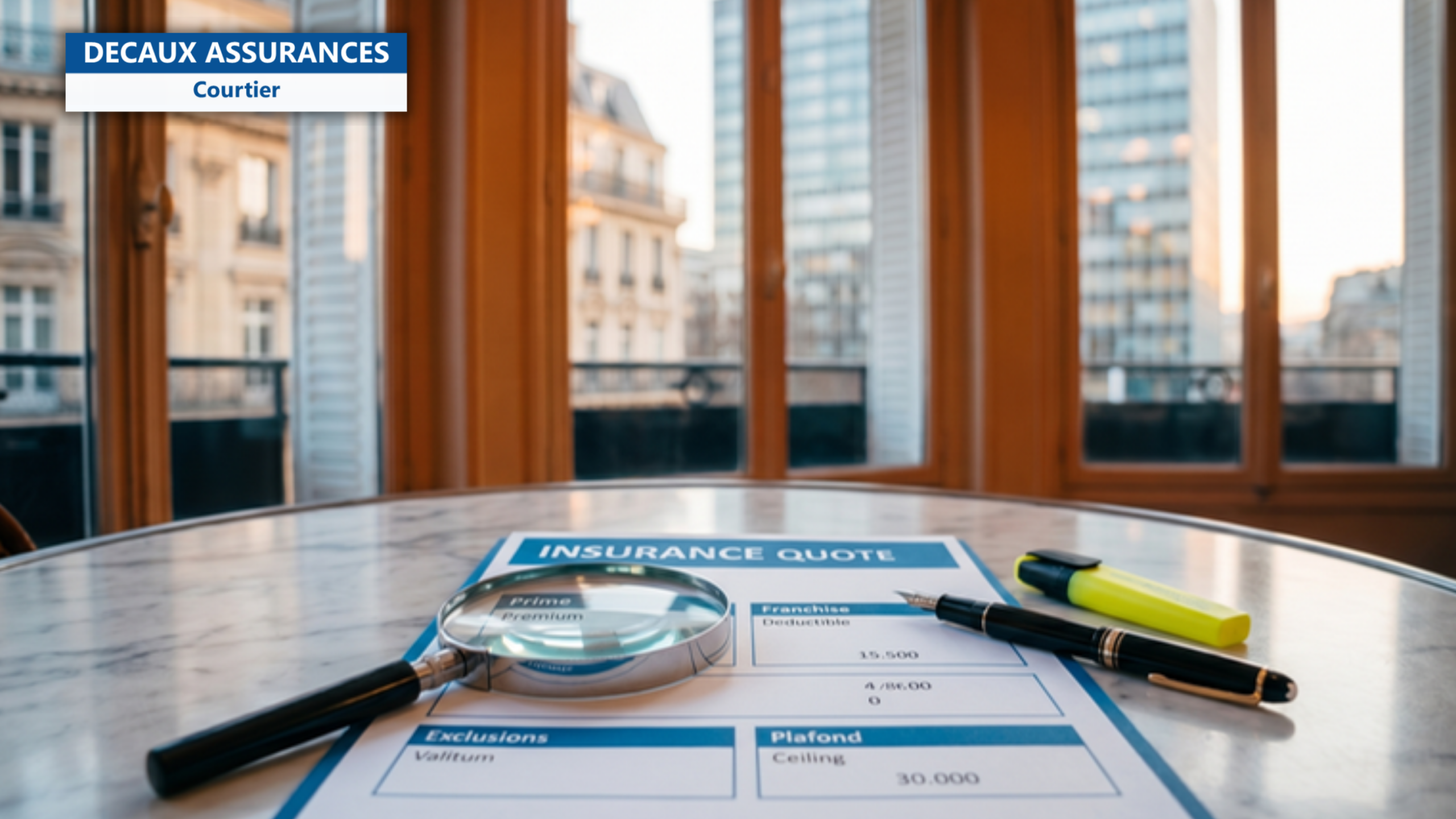 Bureau consultation assurance francais avec devis ouvert prime franchise exclusions plafonds, loupe, stylo plume, surligneur — illustration de comment lire devis assurance 7 lignes — Decaux Assurances Courtier en Assurance Neuilly-sur-Seine
