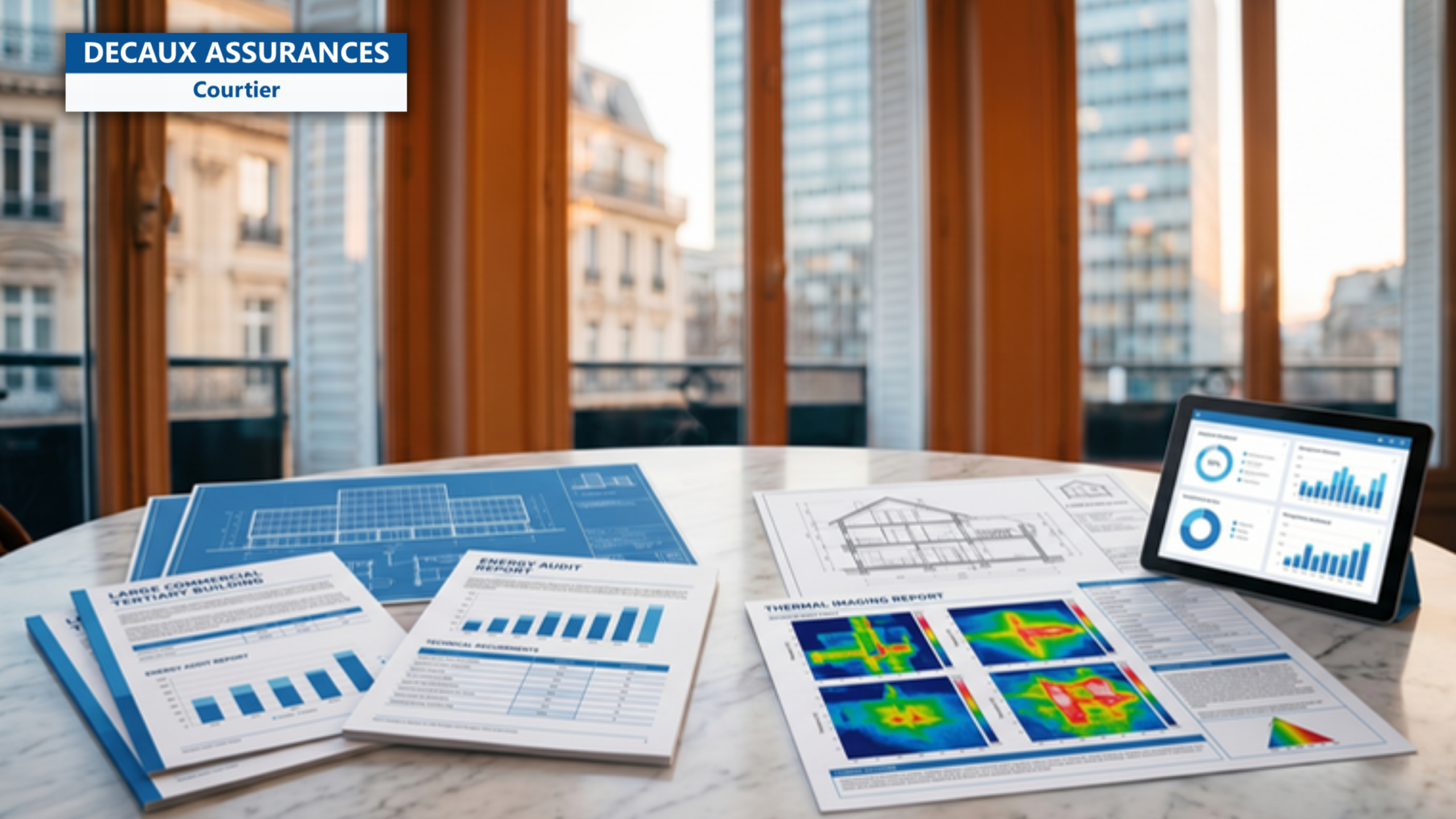 Bureau audit energetique francais split tertiaire/residentiel avec plans batiment commercial et plans maison thermographique, tablette dashboard — illustration d'audit energetique tertiaire vs residentiel — Decaux Assurances Courtier en Assurance Neuilly-sur-Seine