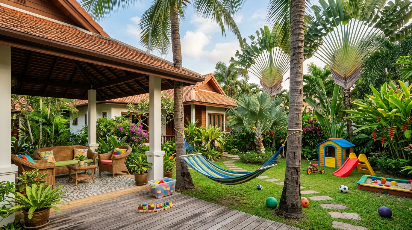 Famille expatriée dans un jardin tropical à l'étranger