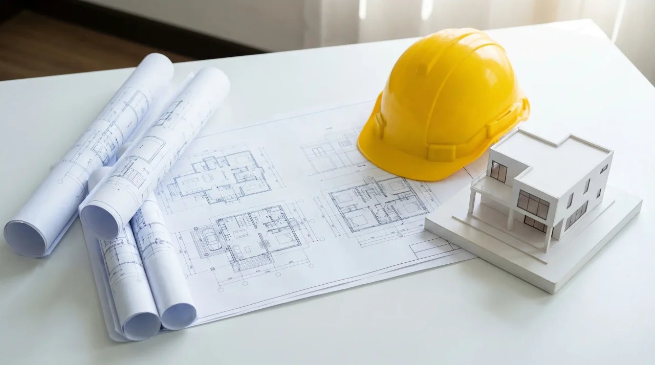 Plans de construction et casque de chantier — préfinancement de l'assurance dommages-ouvrage