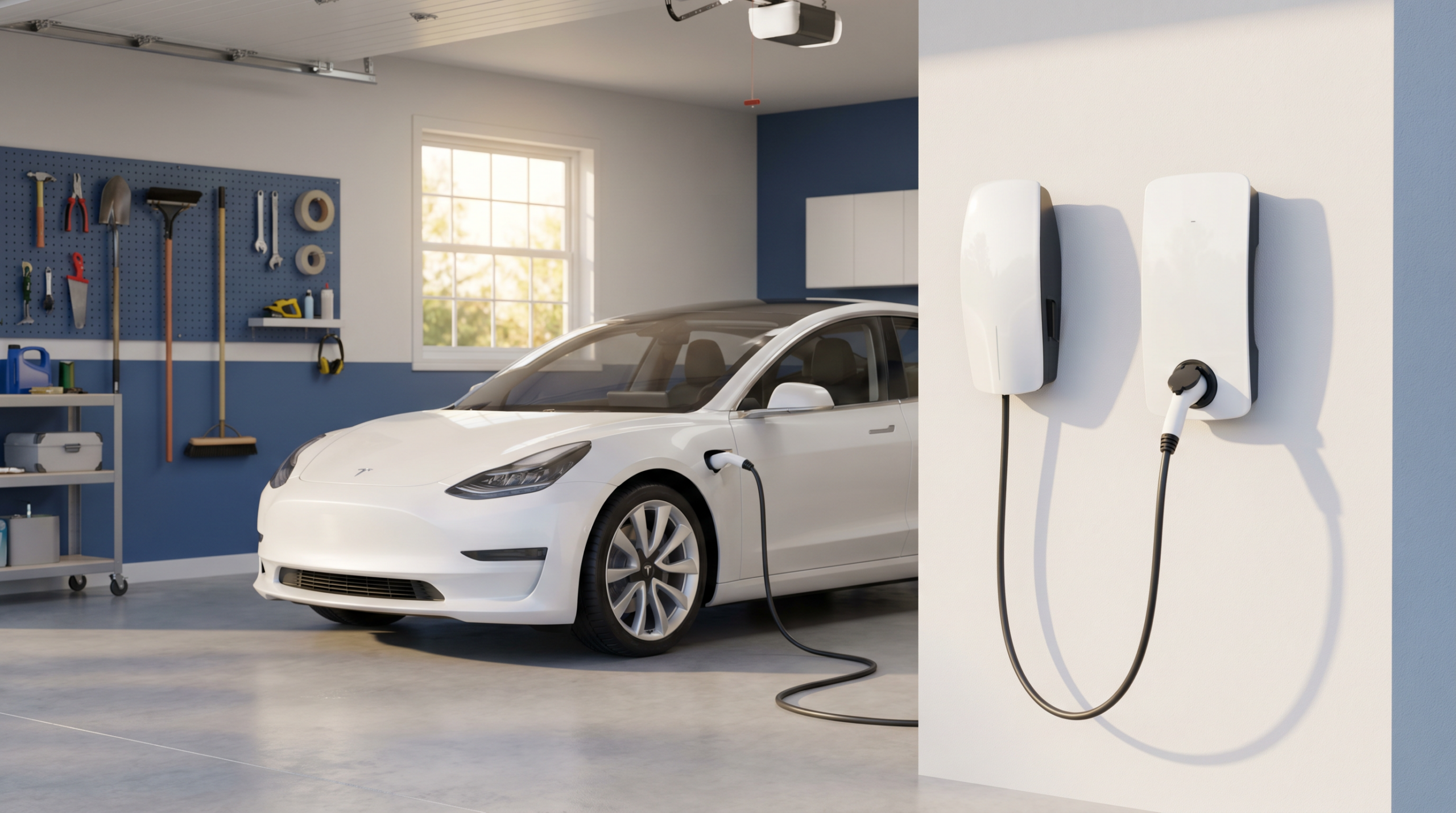 Wallbox de recharge installée sur le mur d'un garage résidentiel