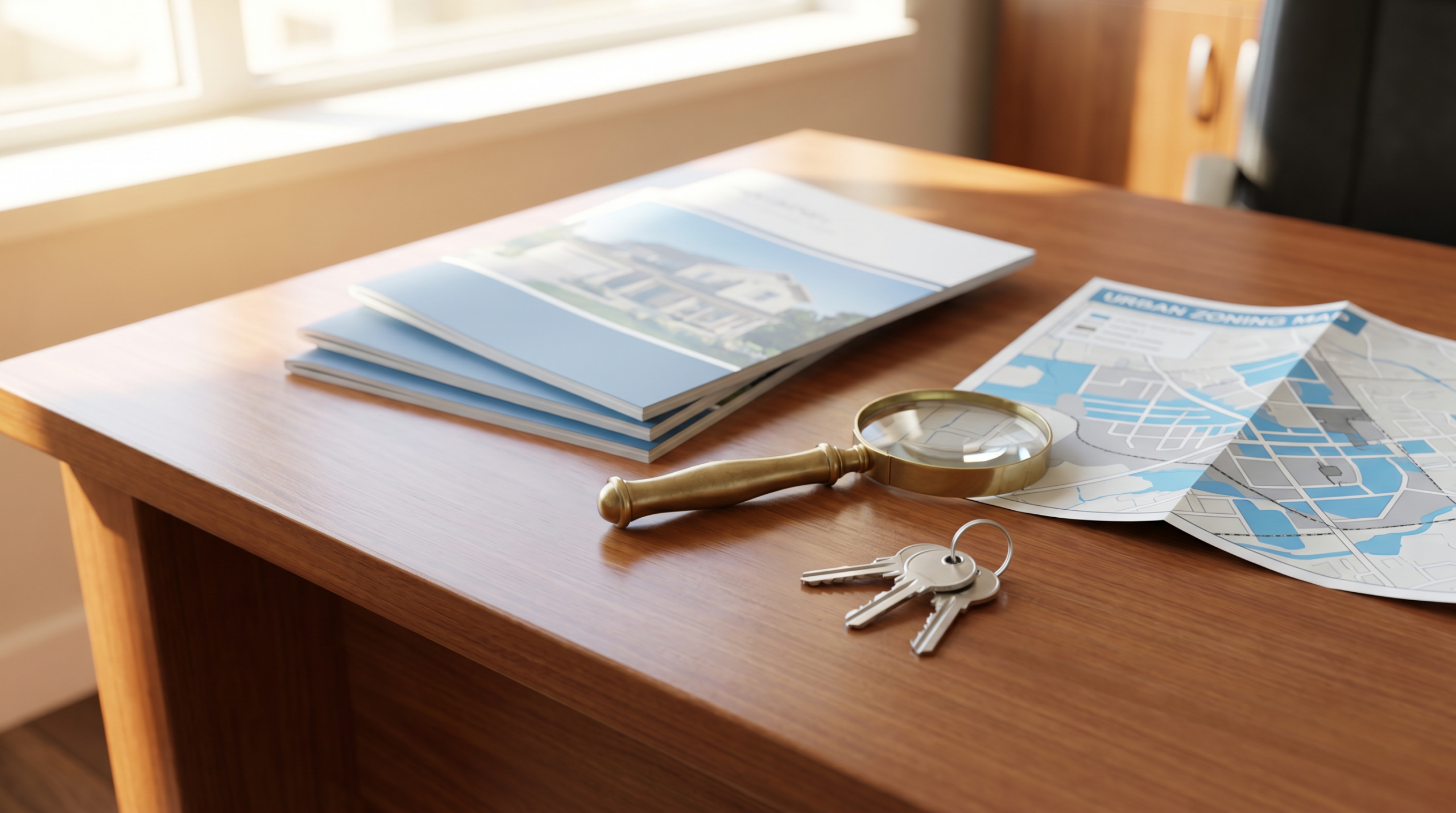 Bureau de conseiller immobilier avec plan et clés — défaut de conseil
