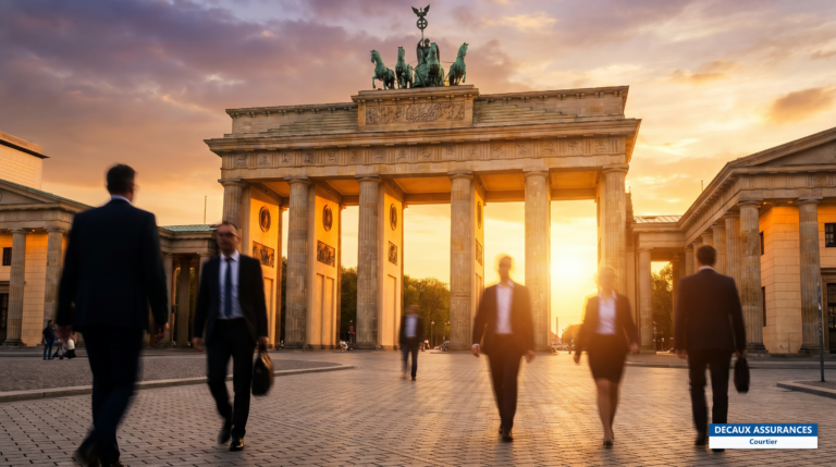 Porte de Brandebourg à Berlin, capitale de l'Allemagne, au coucher du soleil