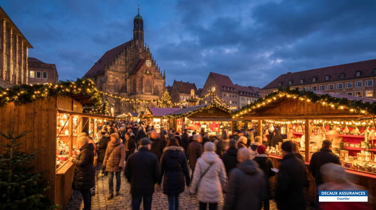 Marché de Noël illuminé de Nuremberg, Bavière, Allemagne