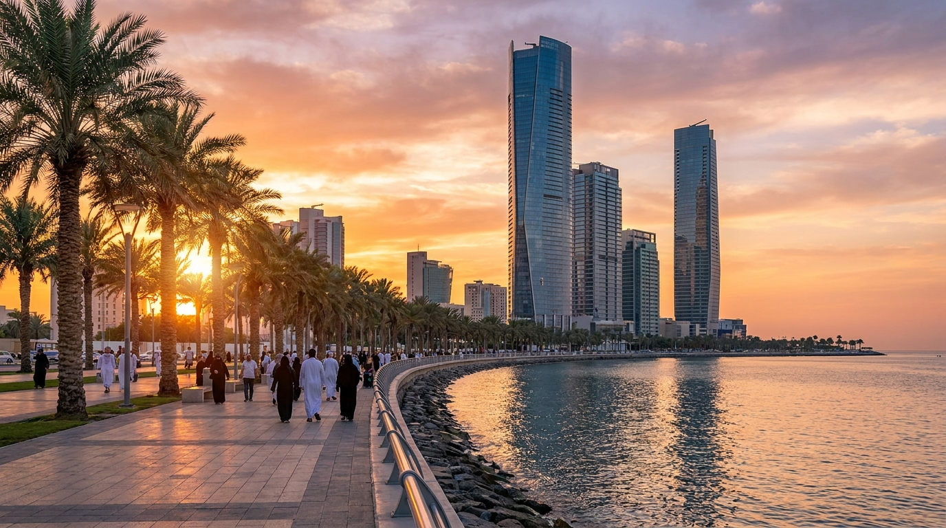 Corniche et front de mer de Djeddah sur la mer Rouge, Arabie saoudite — ville prisée des expatriés