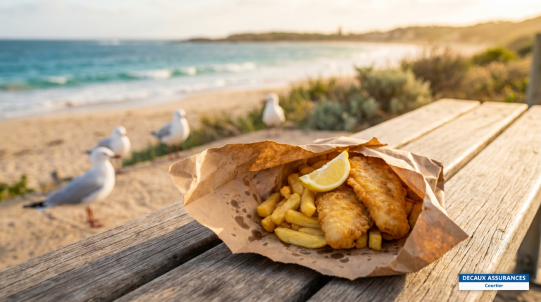 Fish and chips dans son papier face à l'océan, Australie