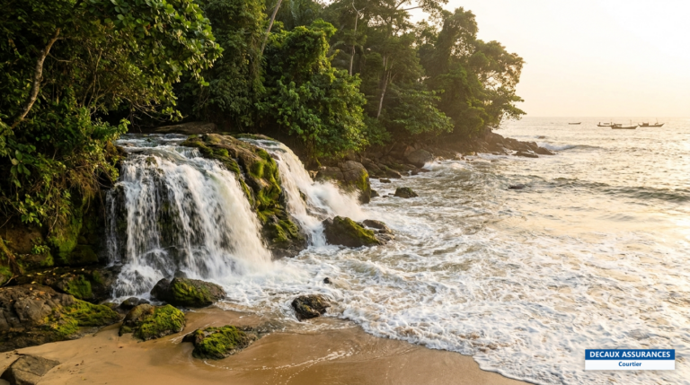 Chutes de la Lobé se jetant dans l'océan Atlantique à Kribi, Cameroun