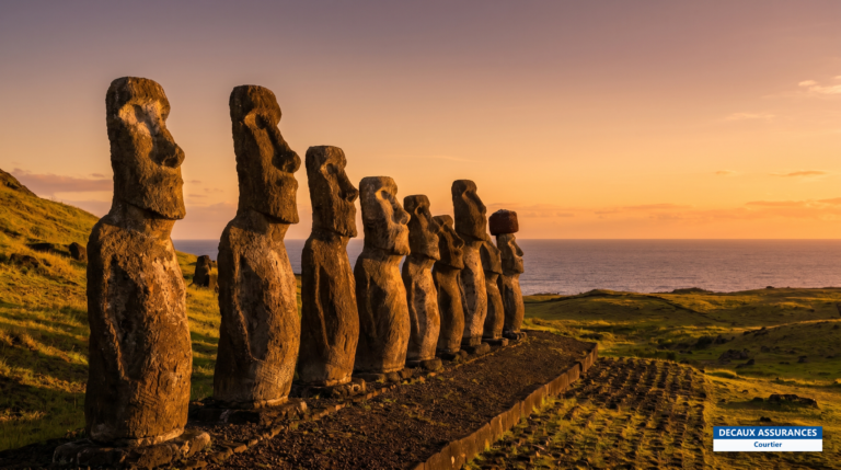 Statues moaï alignées au coucher du soleil sur l'île de Pâques, Rapa Nui, Chili