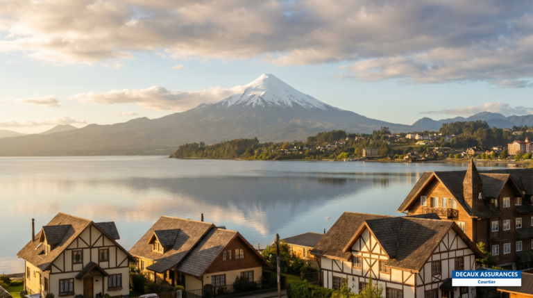 Maisons et volcan Osorno au bord du lac Llanquihue à Puerto Varas, région des lacs du Chili