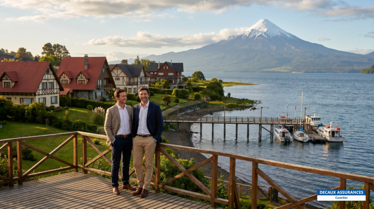 Lac, volcan et maisons de style germanique à Puerto Varas, région des lacs du Chili