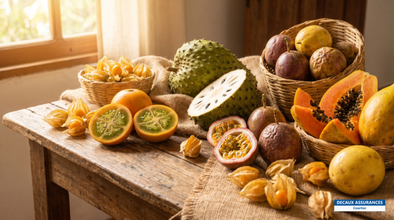 Étal de fruits tropicaux colombiens : lulo, guanábana, maracuya, Colombie