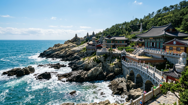 Plage de Haeundae et temple côtier Haedong Yonggungsa à Busan, Corée du Sud